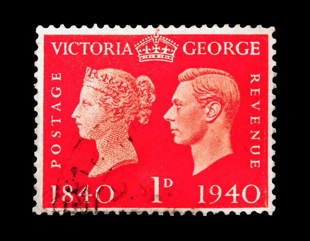 Vintage mail stamp commemorating a 100 year period of the British monarchy, circa 1940.